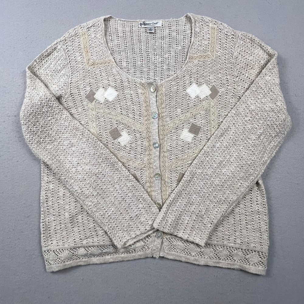 Cottage Grandmacore Cardigan 1X Tan Linen Blend‎ Embroidered Knit Boho Sweater